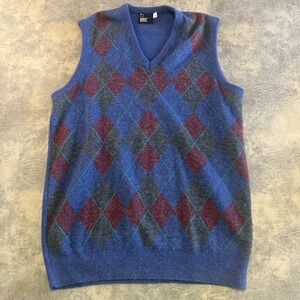 Robert Bruce Sweater Vest XL TALL VTG Made in USA Blue Diamond Argyle V-Neck